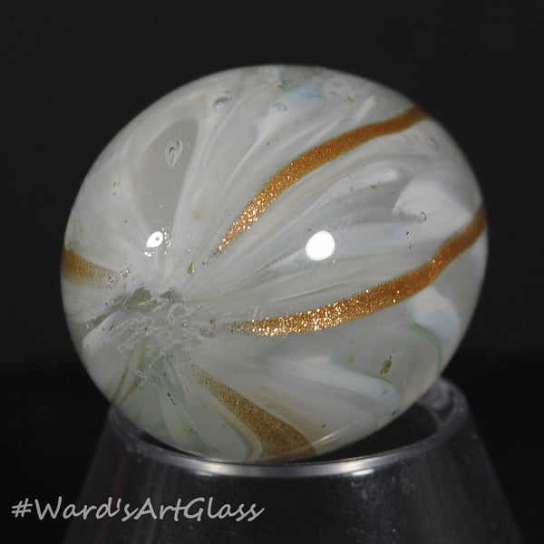 Rolf Wald Art Glass Egg, White Clouds and Gold Lutz with Gold Lines, 1.63"