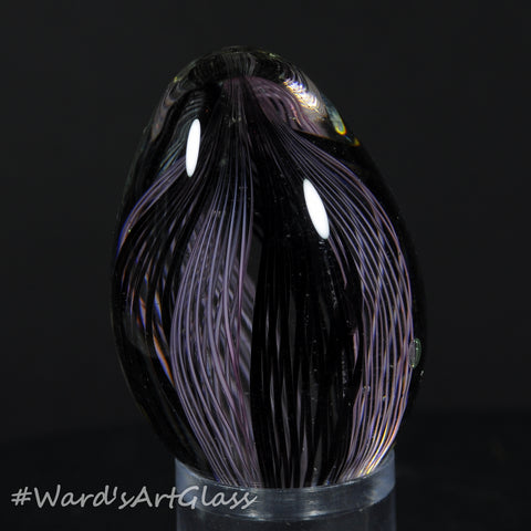 Rolf Wald Art Glass Egg, Black and White Spiral Latticinios 1.60"