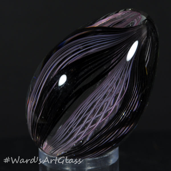 Rolf Wald Art Glass Egg, Black and White Spiral Latticinios 1.60"