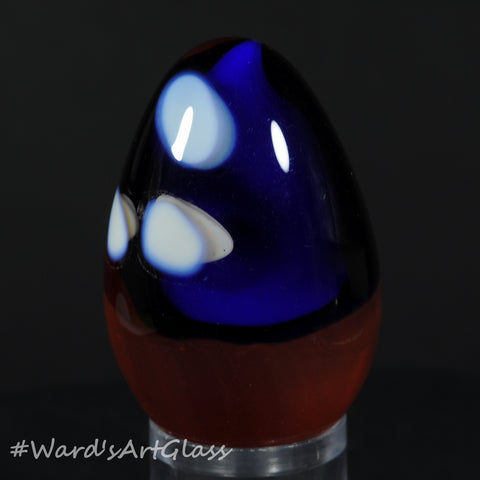 Rolf Wald Art Glass Egg, Orignal Wald Abstract Deep Blue Orange and White Dots 1.67"
