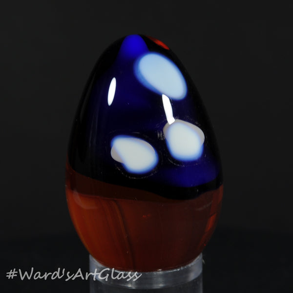 Rolf Wald Art Glass Egg, Orignal Wald Abstract Deep Blue Orange and White Dots 1.67"