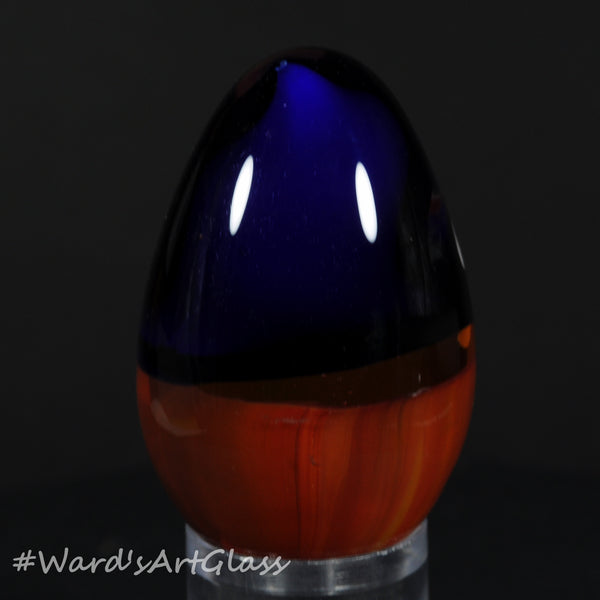 Rolf Wald Art Glass Egg, Orignal Wald Abstract Deep Blue Orange and White Dots 1.67"