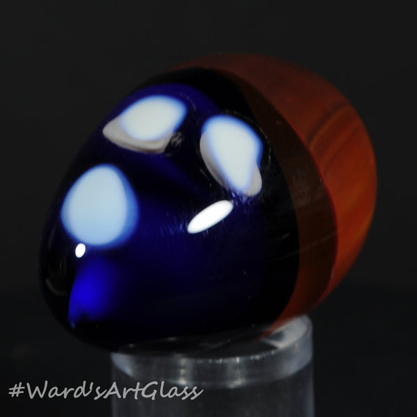 Rolf Wald Art Glass Egg, Orignal Wald Abstract Deep Blue Orange and White Dots 1.67"