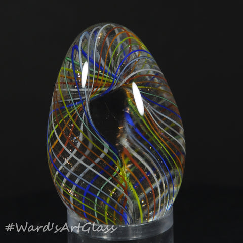Rolf Wald Art Glass Egg, Bent Latticinios Twist in Lutz and Clear, 1.52"