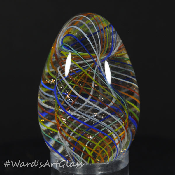 Rolf Wald Art Glass Egg, Bent Latticinios Twist in Lutz and Clear, 1.52"