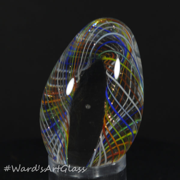 Rolf Wald Art Glass Egg, Bent Latticinios Twist in Lutz and Clear, 1.52"