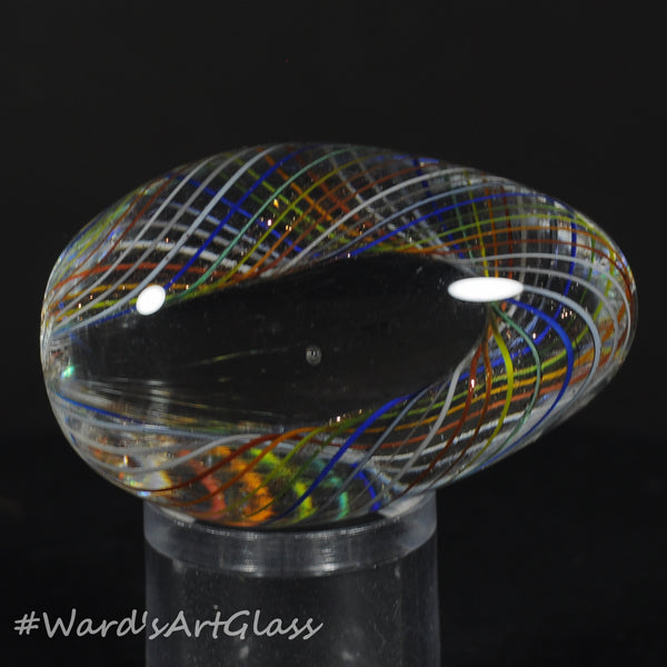 Rolf Wald Art Glass Egg, Bent Latticinios Twist in Lutz and Clear, 1.52"