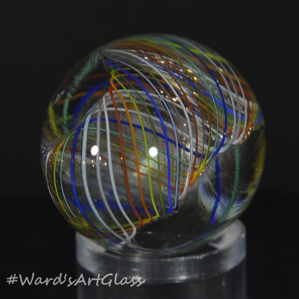 Rolf Wald Art Glass Egg, Bent Latticinios Twist in Lutz and Clear, 1.52"