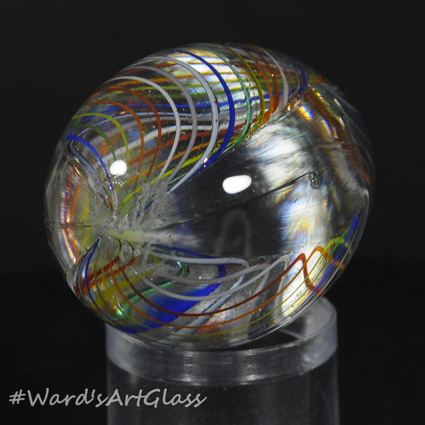 Rolf Wald Art Glass Egg, Bent Latticinios Twist in Lutz and Clear, 1.52"