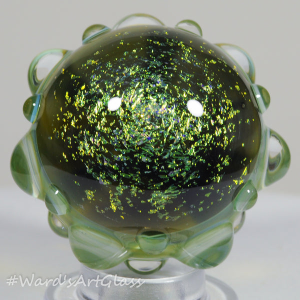 Anton Bodor Art Glass Marble, Green on Green Dichro Hobnail 1.50"