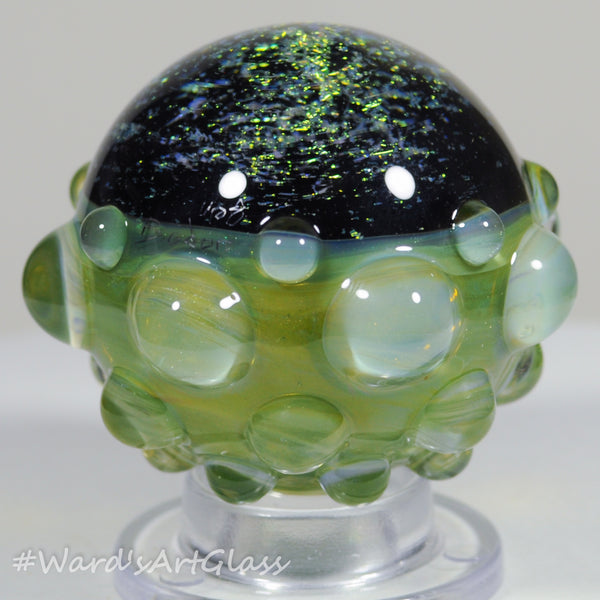 Anton Bodor Art Glass Marble, Green on Green Dichro Hobnail 1.50"