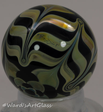 Anton Bodor Art Glass Marble, Garden dot and rake of Green, Gold and Black 1.37"