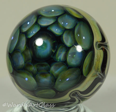 Anton Bodor Art Glass Marble, Large Silver fume bloom implosion, with high rake backing 1.55"