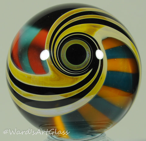 Anton Bodor Art Glass Marble, Double rainbow stripe swirls, 1.68"