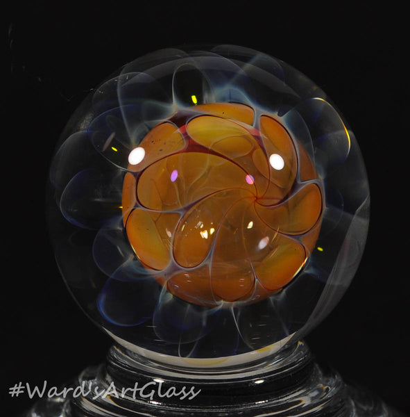 Andrew Groner Carmel bead floating in a fumed webbing, with ghost plumes. 1 1/8” - Ward's Art Glass, [product type] - Art Glass, Marble