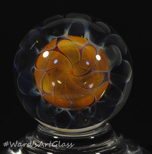 Andrew Groner Carmel bead floating in a fumed webbing, with ghost plumes. 1 1/8” - Ward's Art Glass, [product type] - Art Glass, Marble