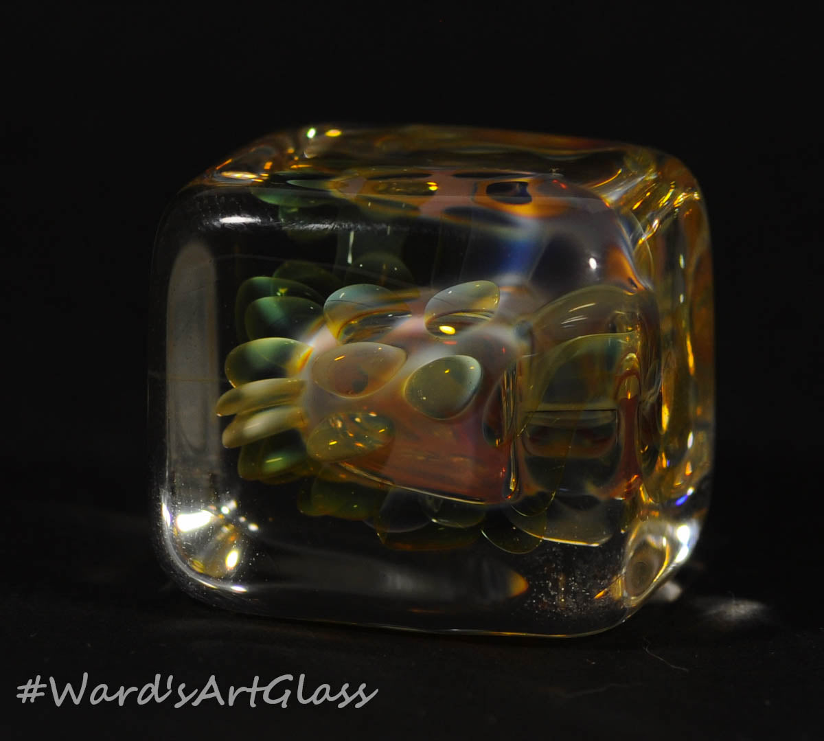 Andrew Groner Silver Fume implosion Cube with smokey bubbles - Ward's Art Glass, [product type] - Art Glass, Marble