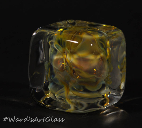 Andrew Groner Silver Fume implosion Cube with smokey bubbles - Ward's Art Glass, [product type] - Art Glass, Marble