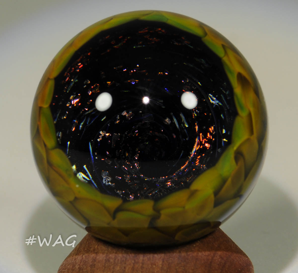 Douglas Ferguson Art Glass Marble, Deep Hollow Dichro Vortex and Golden green weave back, 1.35" 2006 - Ward's Art Glass, [product type] - Art Glass, Marble