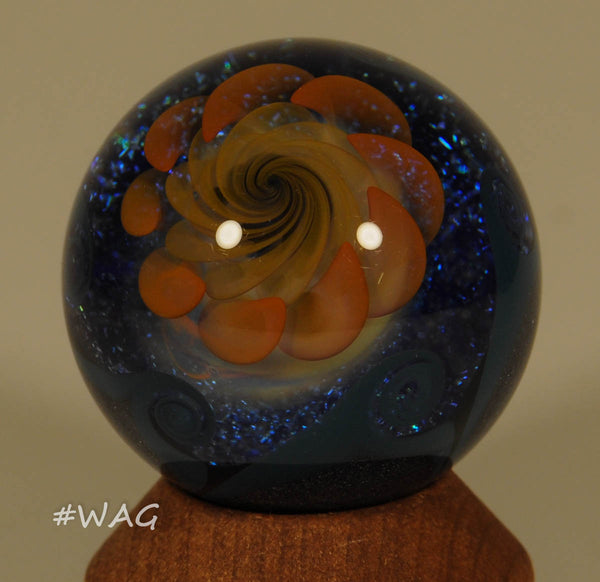 Richard Hollingshead Art Glass Marble, Dichro backed spiraled floating sunflower 1.2" 2009 - Ward's Art Glass, [product type] - Art Glass, Marble