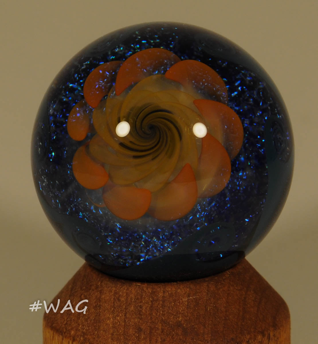 Richard Hollingshead Art Glass Marble, Dichro backed spiraled floating sunflower 1.2" 2009 - Ward's Art Glass, [product type] - Art Glass, Marble