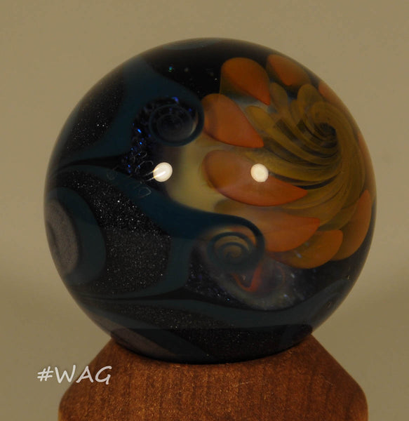 Richard Hollingshead Art Glass Marble, Dichro backed spiraled floating sunflower 1.2" 2009 - Ward's Art Glass, [product type] - Art Glass, Marble