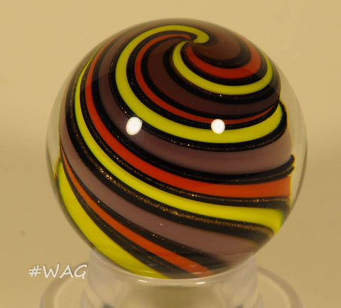 Rolf Wald Furnace Worked Marble, Mesmerizing Spiral in Handsome Gray, Yellow, Red and Black 1.5" - Ward's Art Glass, [product type] - Art Glass, Marble