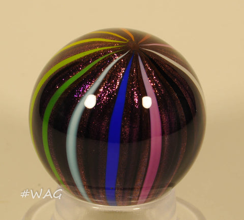 Rolf Wald Furnace Worked Marble, Purple Lutz under Classic Rainbow stripes 1.48" 1996 - Ward's Art Glass, [product type] - Art Glass, Marble