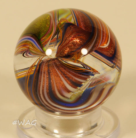 Rolf Wald Furnace Worked glass Marble, Triple Ribbon, golden Spiral Mayham 1.1" - Ward's Art Glass, [product type] - Art Glass, Marble