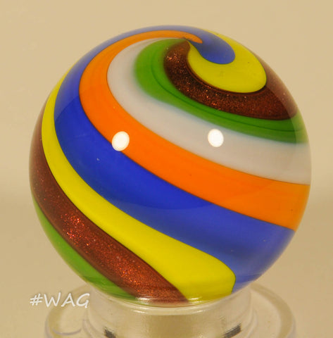 Rolf Wald Furnace Worked Marble, Classic Beach Ball Swirled Stripes with Red Lutz highlight, 1.20" - Ward's Art Glass, [product type] - Art Glass, Marble