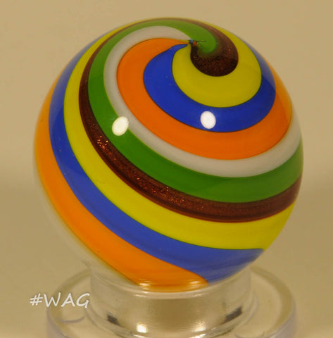 Rolf Wald Furnace Worked Marble, Classic Beach Ball Swirled Stripes with Red Lutz highlight, 1.20" - Ward's Art Glass, [product type] - Art Glass, Marble