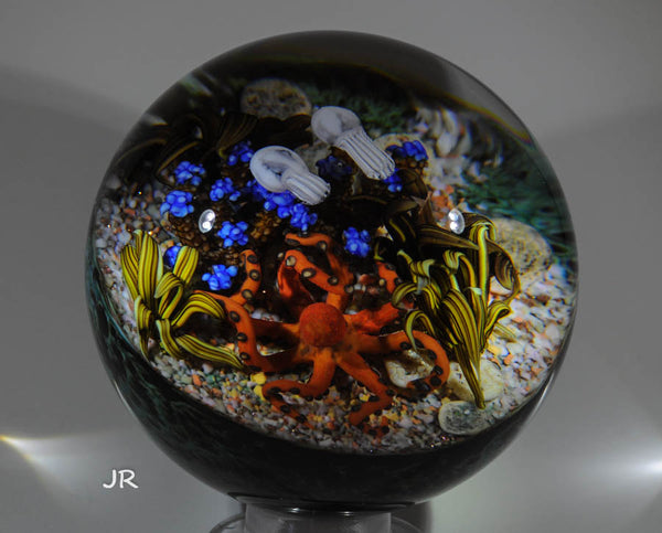 Cathy Richardson Art Glass Paperweight - Seascape with ghostly Jellies. 3.2" 2008 - Ward's Art Glass, [product type] - Art Glass, Marble