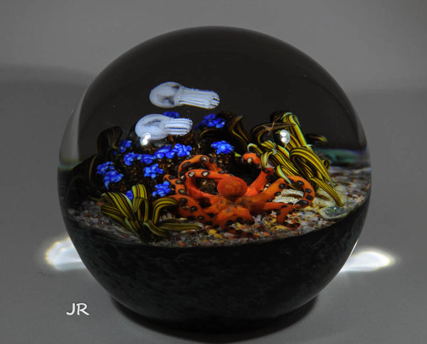 Cathy Richardson Art Glass Paperweight - Seascape with ghostly Jellies. 3.2" 2008 - Ward's Art Glass, [product type] - Art Glass, Marble