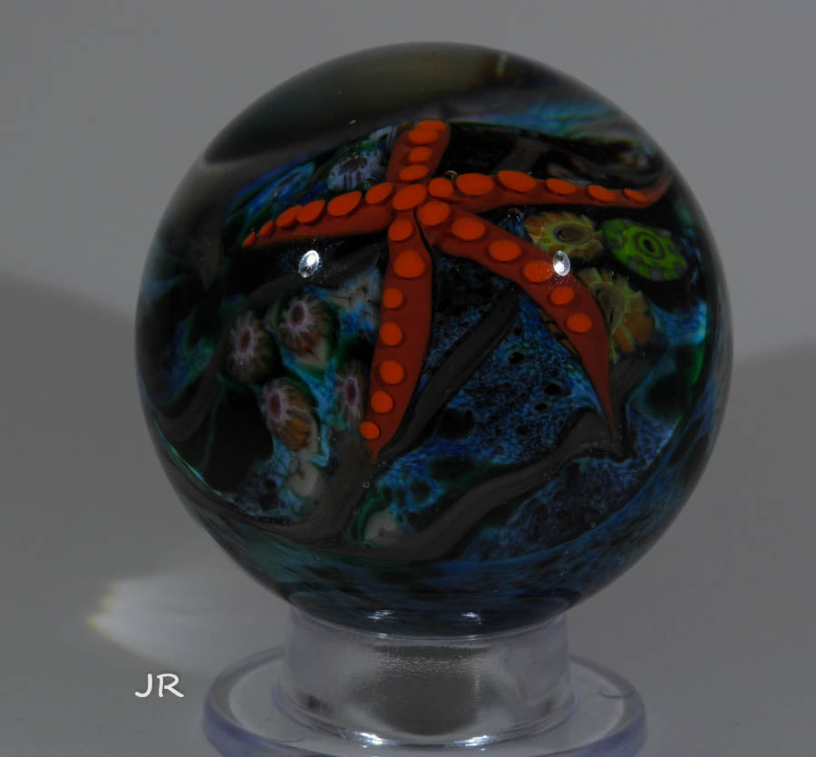 Cathy Richardson Art Glass Marble, Starfish over Coral Reef. 2" 2004 - Ward's Art Glass, [product type] - Art Glass, Marble