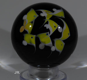 Cathy Richardson Art Glass Marble, Yellow Sun Fish on Black Sea. 2.1" signed 2005 - Ward's Art Glass, [product type] - Art Glass, Marble