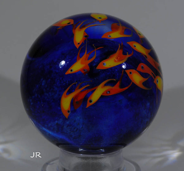 Cathy Richardson Art Glass Marble, Schooling Orange fish (goldfish?). 2.1" 2007 - Ward's Art Glass, [product type] - Art Glass, Marble