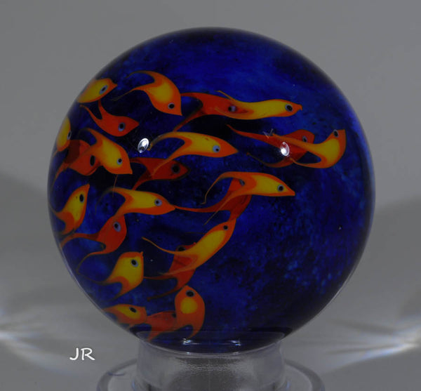 Cathy Richardson Art Glass Marble, Schooling Orange fish (goldfish?). 2.1" 2007 - Ward's Art Glass, [product type] - Art Glass, Marble